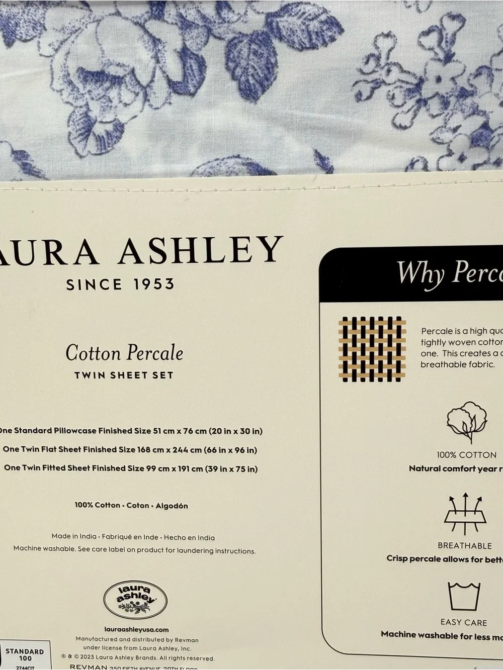 Laura Ashley twin sheet set Cotton percale Floral periwinkle blue purple New